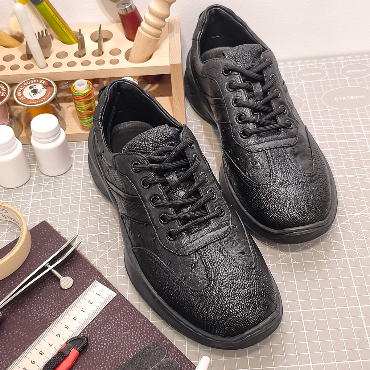 Handmade Genuine Ostrich Leather Sneakers, All-Black Sleek Design