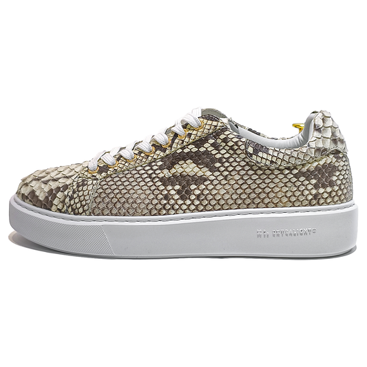 Handmade Genuine Python Leather Sneakers, Beige-Brown Pattern Shoes