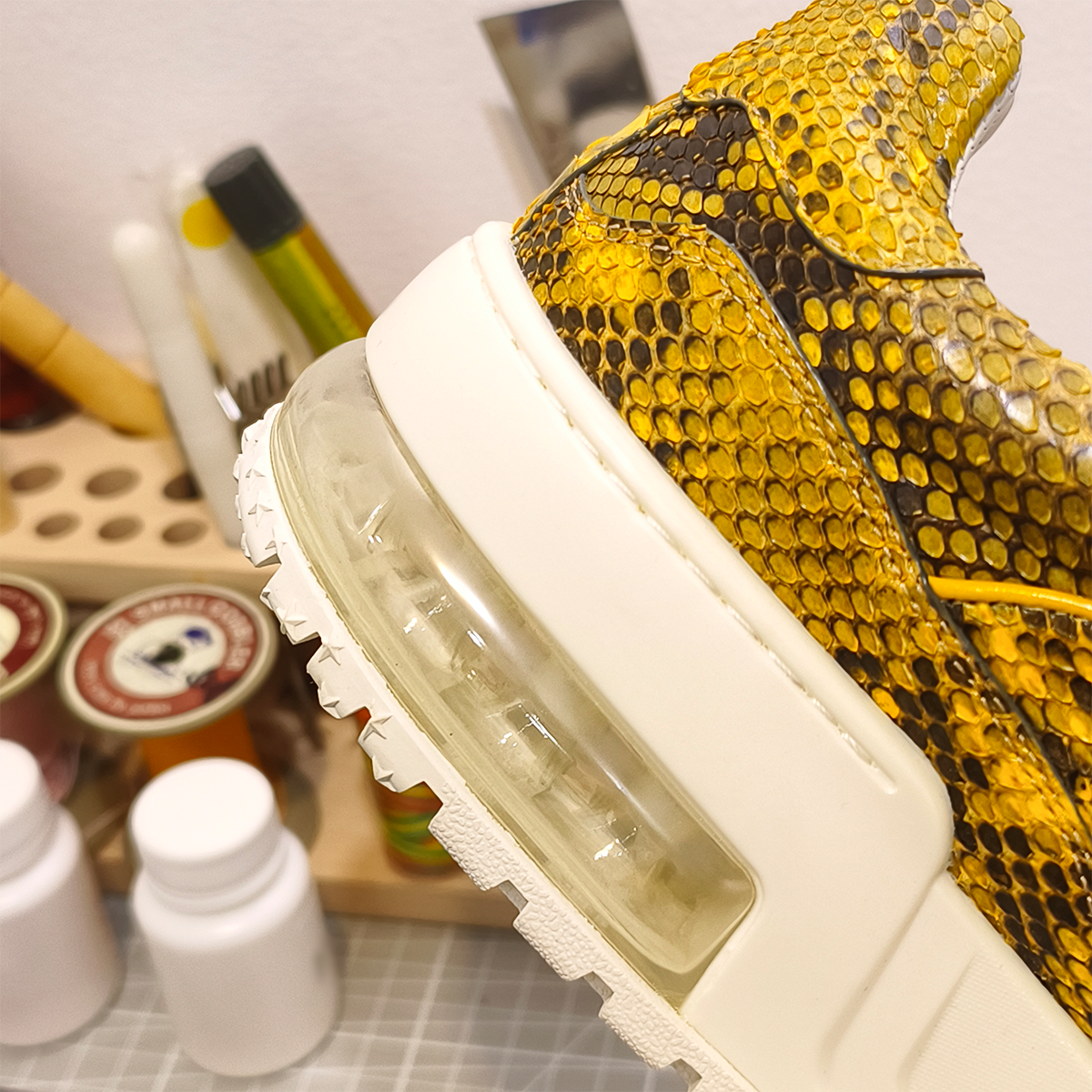 Handmade Genuine Python Leather Sneakers, Luxe Gold Painted Shoes Design with Air Cushion Sole