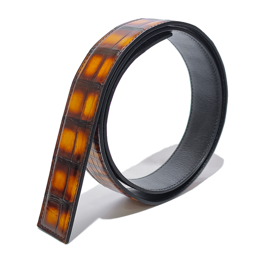 Handmade Genuine Alligator Leather Belt, Amber Brown Gradient Glossy Texture Fit for Prong Buckle
