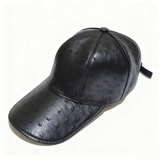 Handmade Genuine Ostrich Leather Cap, Glossy Black Adjustable Design