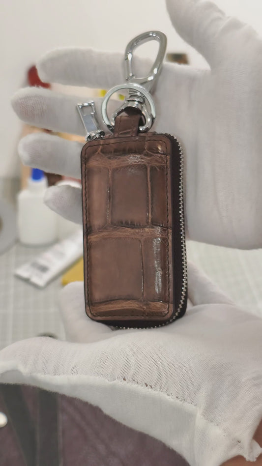 Handmade Genuine Alligator Leather Car Key Fob Case Protector, Glossy Brown Natural Texture Artisanal Zip-around Design with Keychain