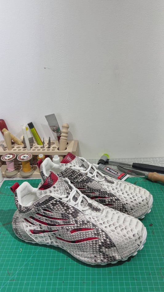Handmade Genuine Python Leather Sneakers, White-Gray with Red Accents & Ultra-Light Sole