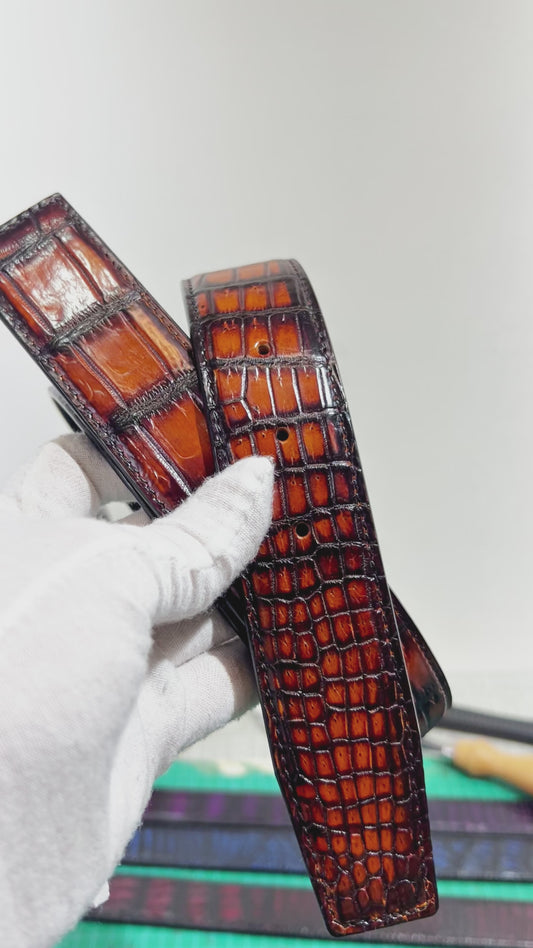 Handmade Genuine Alligator Leather Belt, Amber Brown Gradient Glossy Texture Fit for Prong Buckle