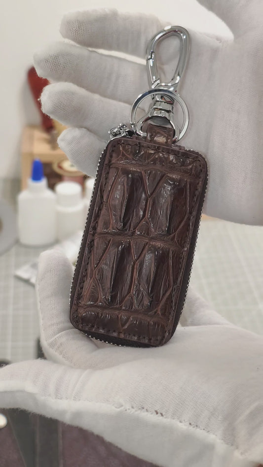 Handmade Genuine Alligator Leather Car Key Fob Case Protector, Glossy Brown Natural Texture Artisanal Zip-around Design with Keychain