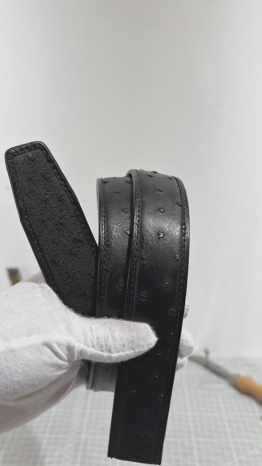 Handmade Genuine Ostrich Leather Ratchet Belt, Black High-Gloss Texture Fit for Ratchet Buckle