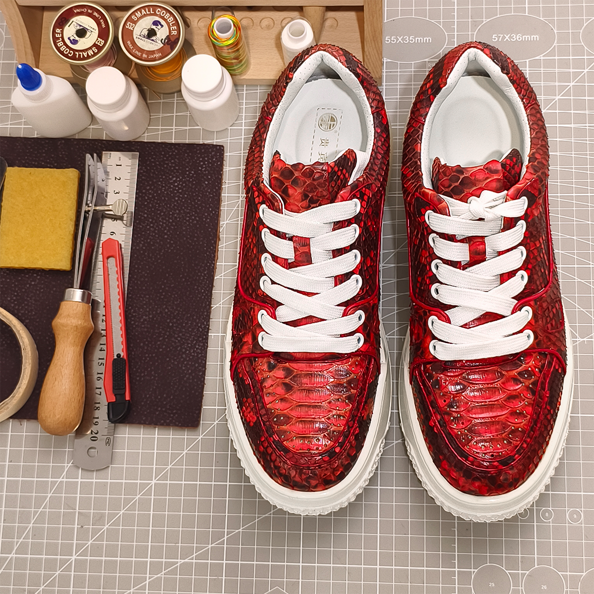 Handmade Genuine Python Leather Sneakers, Bold Red Painted Shoes Design with Air Cushion Sole