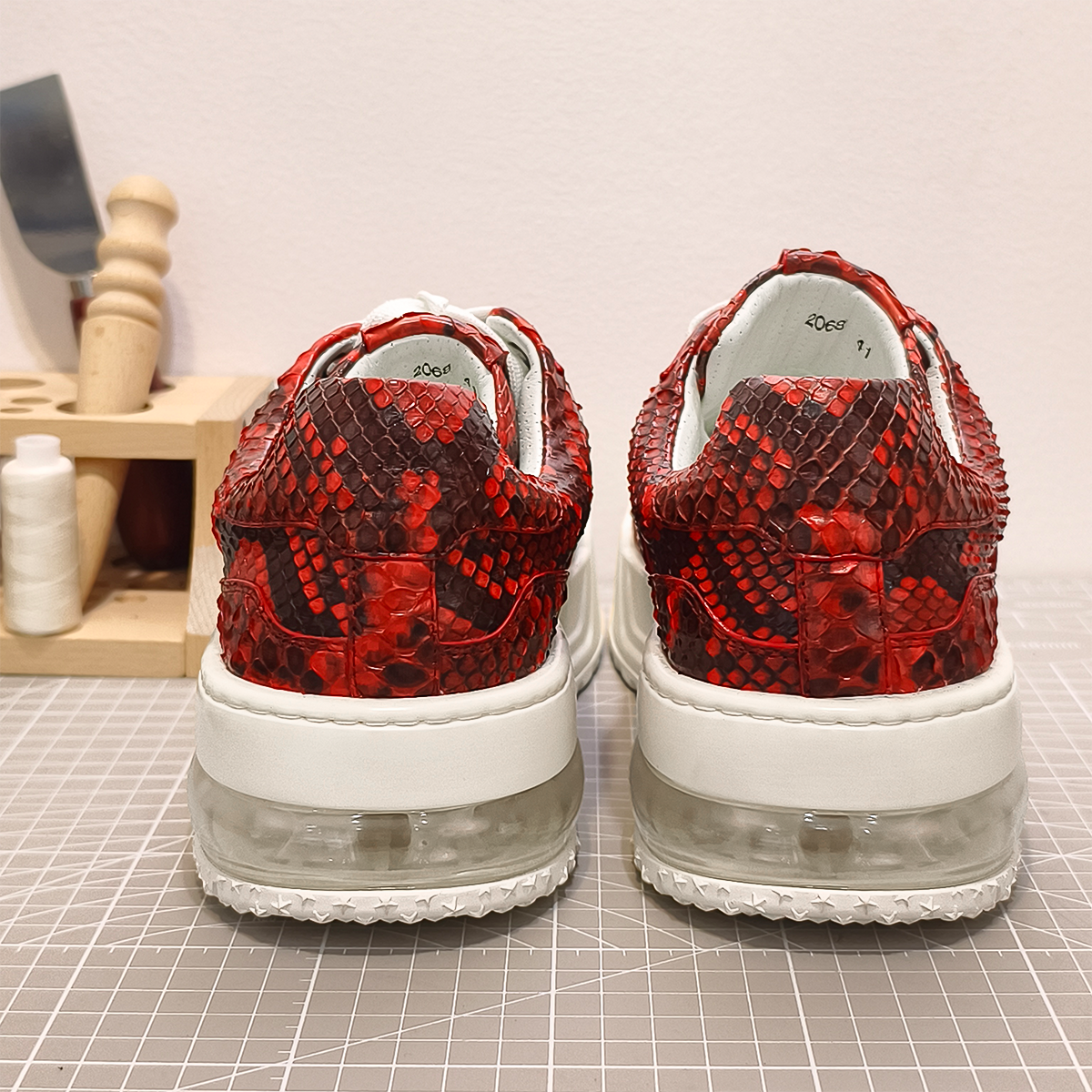 Handmade Genuine Python Leather Sneakers, Bold Red Painted Shoes Design with Air Cushion Sole