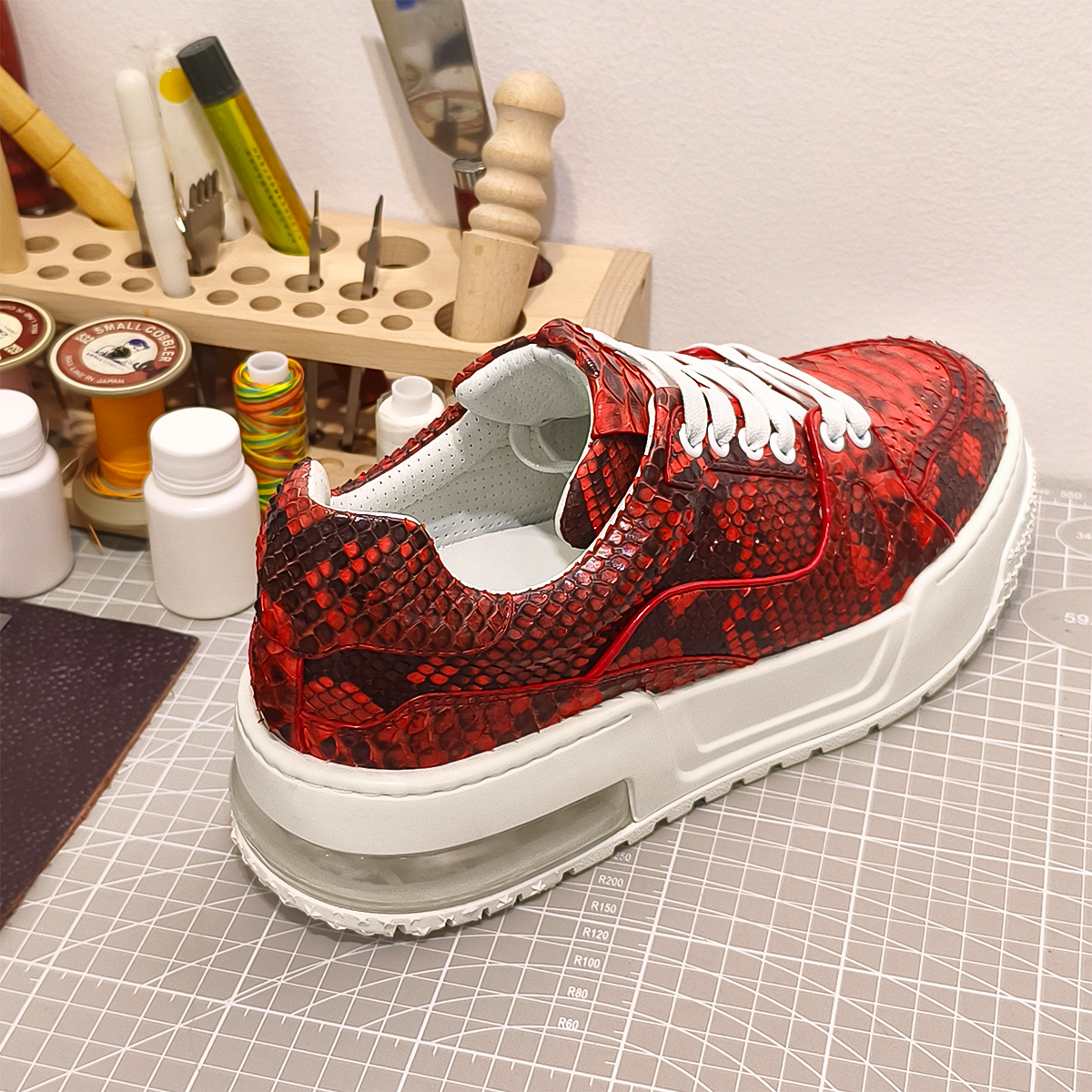 Handmade Genuine Python Leather Sneakers, Bold Red Painted Shoes Design with Air Cushion Sole