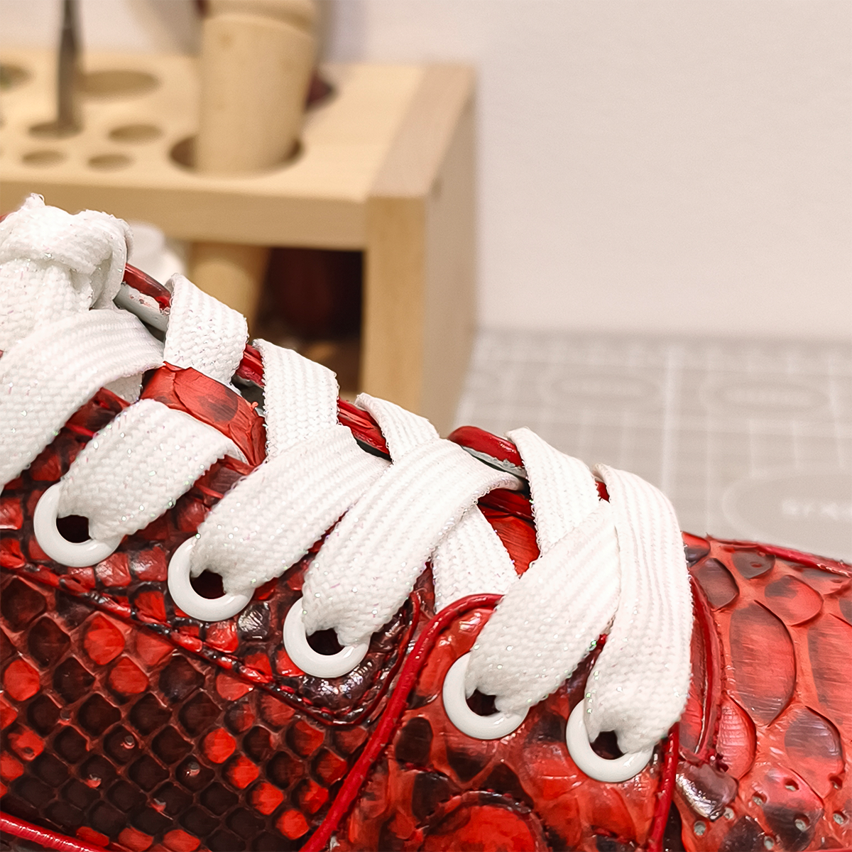 Handmade Genuine Python Leather Sneakers, Bold Red Painted Shoes Design with Air Cushion Sole